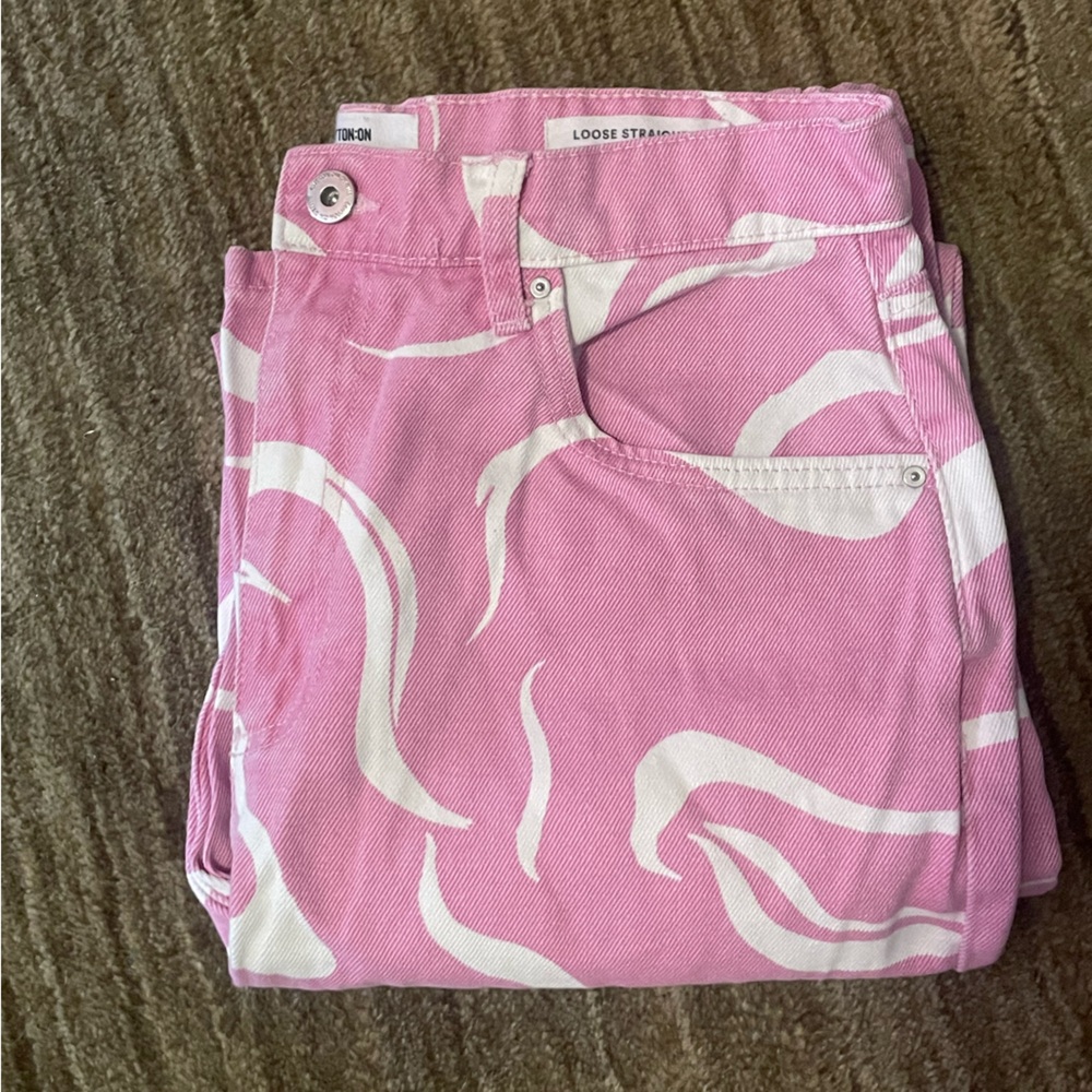 Cotton On Pink and White Loose Straight Jeans